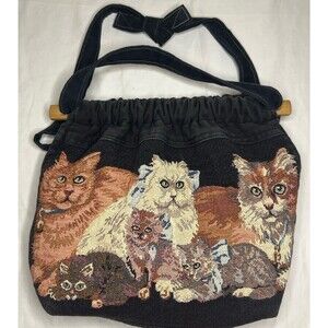 Vintage Cat Tapestry Tote Bag KITTEN LINED Black Woven Kitty Shoulder Bag